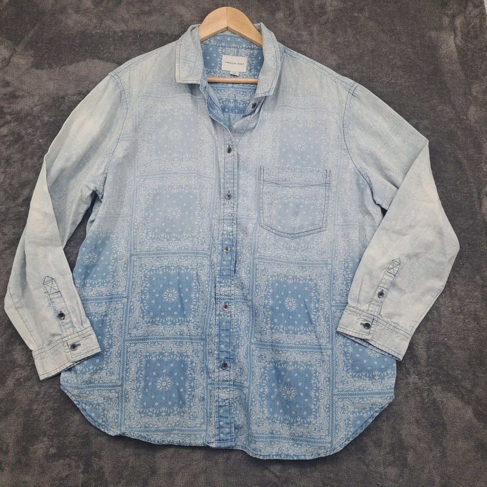 American Eagle Blue Bandana Paisley Ombre Button Down Shirt Large Boho Western